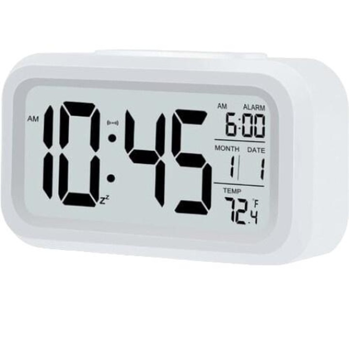 Ceas desteptator digital, Ecran LCD, 4.3 inch, Iluminare nocturna, Alb