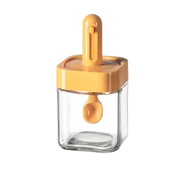 Fűszertároló tartály, Flippy, Üveg, Beépített fedél és kanál, Háztartási, 300 ml, 7,1x7,1x14,8 cm, Narancs