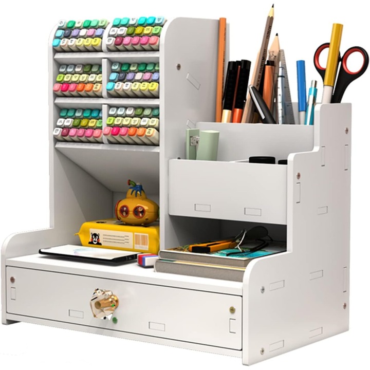 Organizator de birou, Lemn / Plastic, Multifunctional, Sertar, 24.5 x 15 x 25.4 cm, Alb