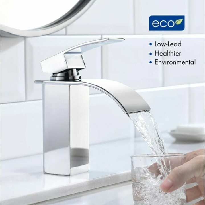 Смесител за баня, TNEAYWHE, тип водопад, полиран хром, конструкция от неръждаема стомана, с единичен лост и монтажна плоча