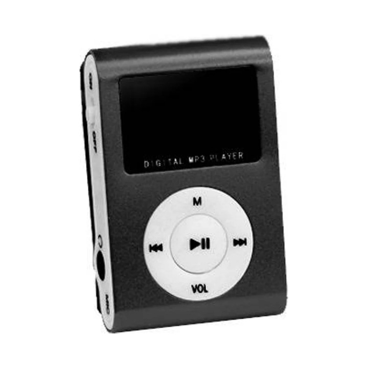 Hordozható MP3 lejátszó, Micro SD kártya kapacitása 32 GB-ig, mini USB töltés, fekete, headset
