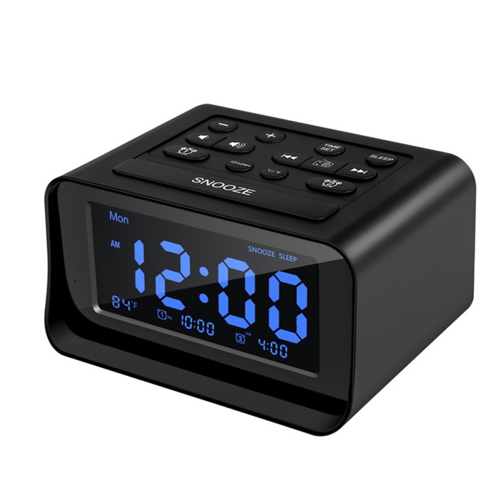 Ceas digital cu alarma, sunete de relaxare, ecran 2.84 inch, port USB, negru
