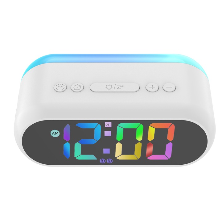 Ceas desteptator digital, ABS, Iluminare LED, RGB, Alb
