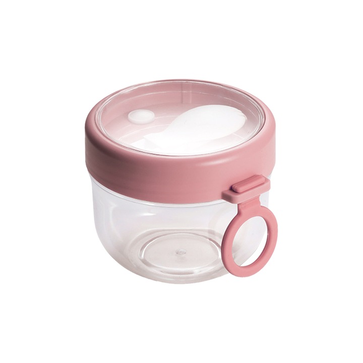 Бурканче за кисело мляко, пластмасово, с капак и лъжица, 11 х 9,3 см, розово/прозрачно, 600 мл