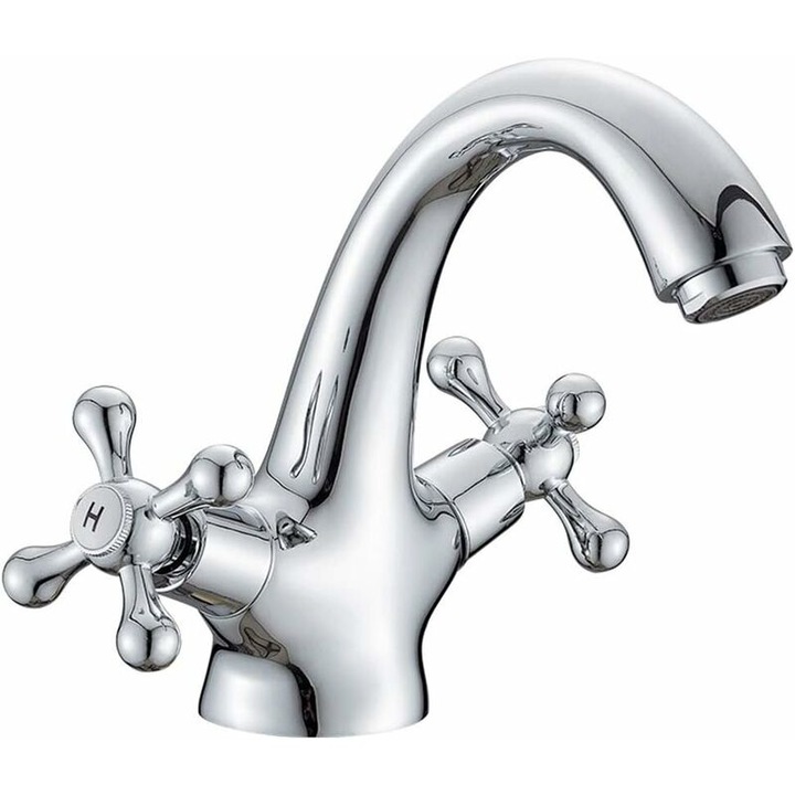 Viktoriánus stílusú mosdócsaptelep, központi rögzítés, dupla fogantyú, króm, ezüst