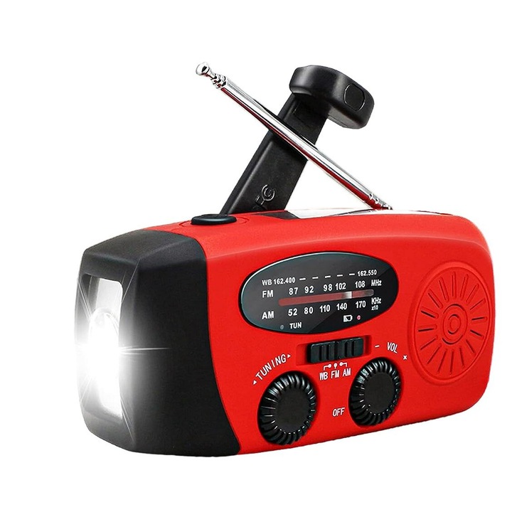 Radio portabil de urgenta, lanterna LED, incarcare manuala/solara, baterie 2000mAh, rosu/negru