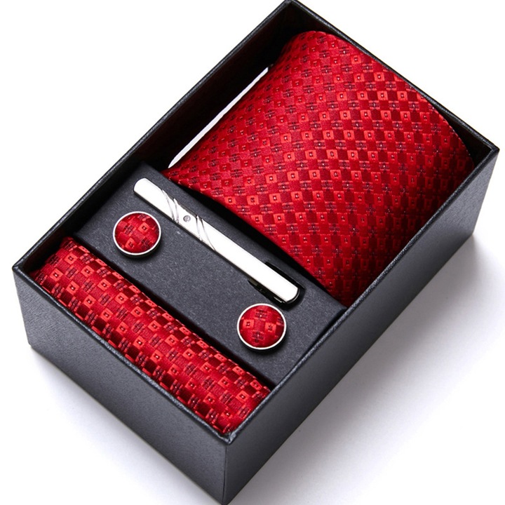 Set cravata/batista/butoni, Matase/Poliester, Rosu, 146x7.5 cm