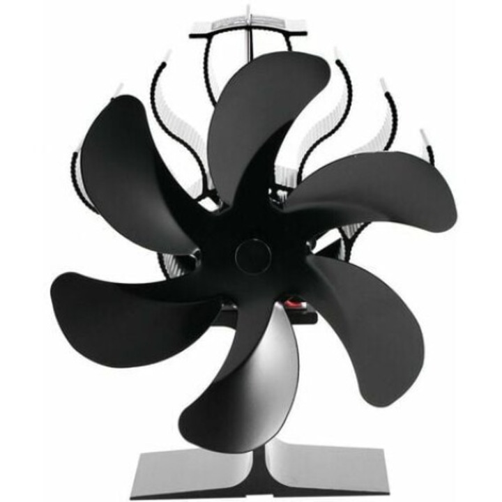 Ventilator pentru soba/semineu, 6 elice, protectie la supraincalzire, negru