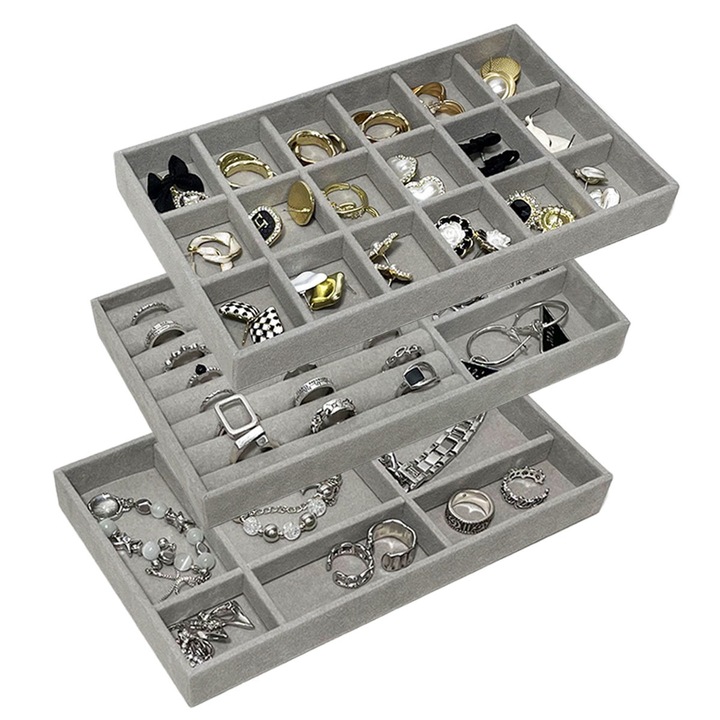 Set 3 tavi pentru bijuterii, Catifea, Compartimentat, Stivuibil, 35x24x3cm, Gri