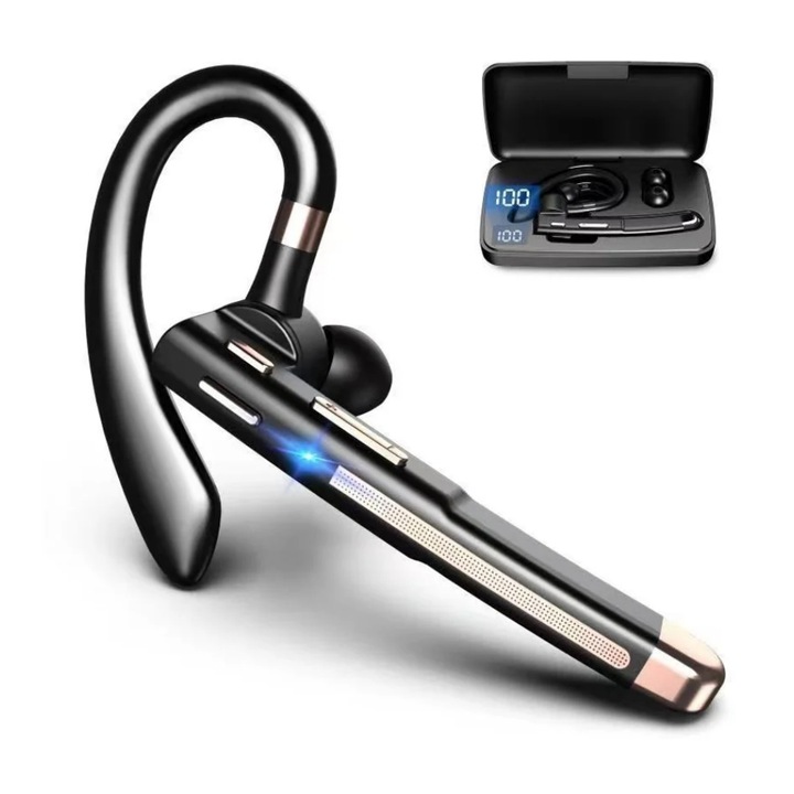 Vezeték nélküli Bluetooth fejhallgató, fülre illeszkedő kialakítás, HD mikrofon, fekete