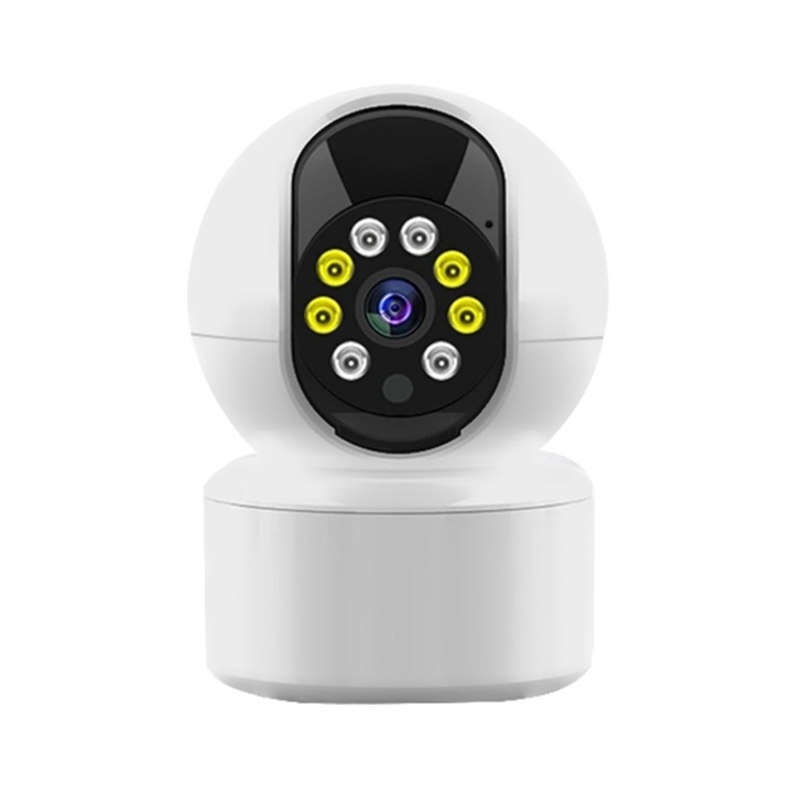 Camera de supraveghere interior, 1080P, 360 grade, detectare miscare, viziune nocturna color, 2.4GHz, WiFi, alb