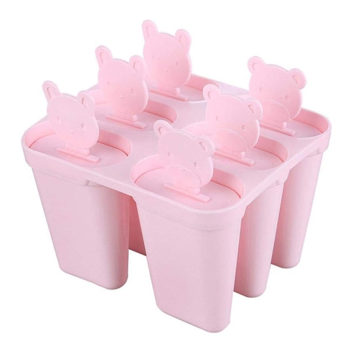 Set forme inghetata QttvbTna, forma ursulet, 6 compartimente, roz, 12x10.7x11.5cm