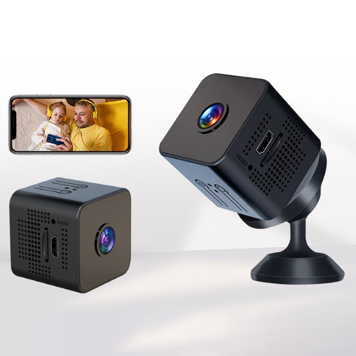 Безжична охранителна камера, нощно виждане, сензор за движение, 1080P, широк ъгъл, многократна употреба, без аудио, черен