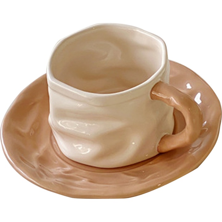 Set cana si farfurioara pentru cafea, design creativ, ceramica, alb/maro