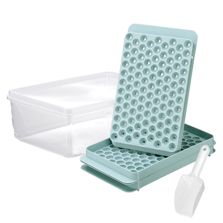 Forma pentru cuburi de gheata, 2 tavi, cutie, lopatica, albastru, 28.5x19x9.5cm