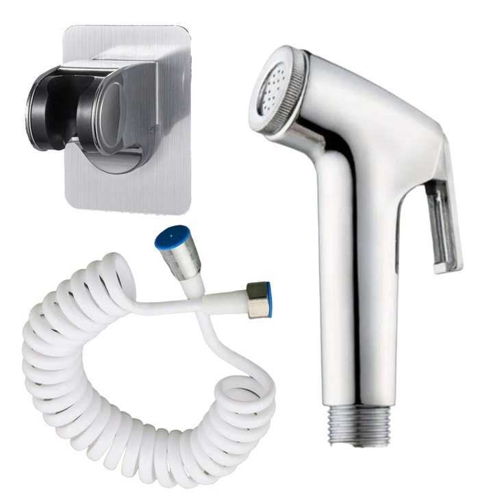 Set dus 3 piese cu furtun spiralat alb, para ABS, suport adeziv cromat