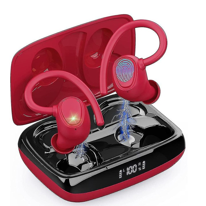 Casti wireless in-ear, bluetooth 5.1, bas profund, rosu, 8h, 20h incarcare