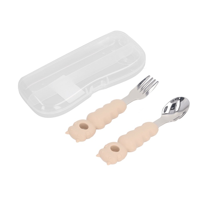 Set 2 tacamuri pentru copii, silicon/inox, bej, 13.5x2.7cm, cu cutie de depozitare
