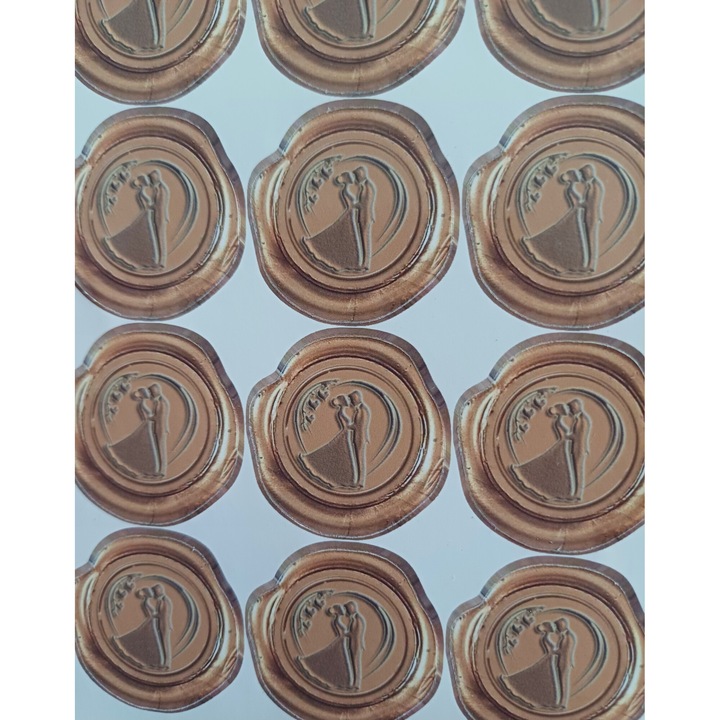 Set 35 etichete adezive imitatie sigiliu pentru invitatii de nunta - auriu antichizat cu miri diametrul 3 cm