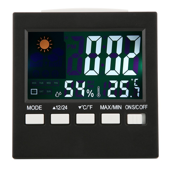 Ceas cu alarma multifunctional, termometru si higrometru, 0~50°C, 20%~99% umiditate, 9.4x9.4cm
