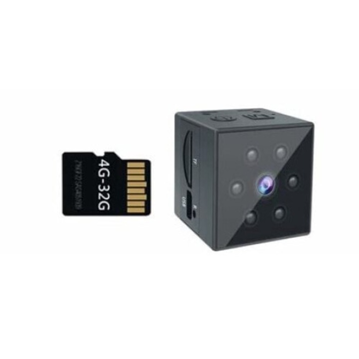 Мини камера за наблюдение, Full HD 1080P, нощно виждане, откриване на движение, магнитно тяло, цикличен запис, черен, 32 GB