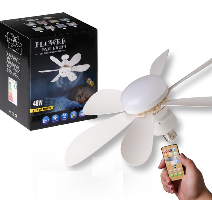 Ventilator de tavan cu lumina si telecomanda, 3 viteze, temperatura culoare ajustabila, functie temporizator, zgomot redus, 20.5"