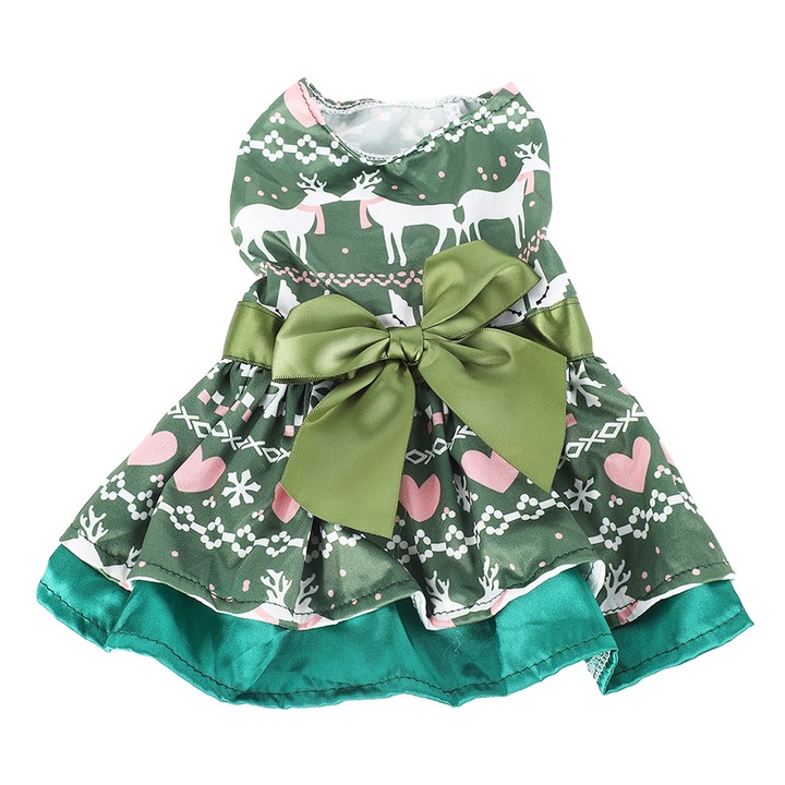 Rochie pentru caine, tema Craciun, model inima si caprioara, poliester, pentru petrecere