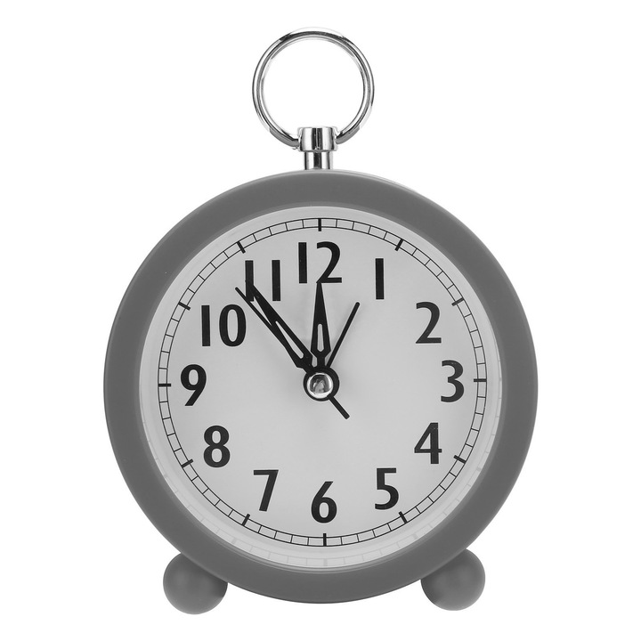 Ceas desteptator circular, plastic, gri, 10cm