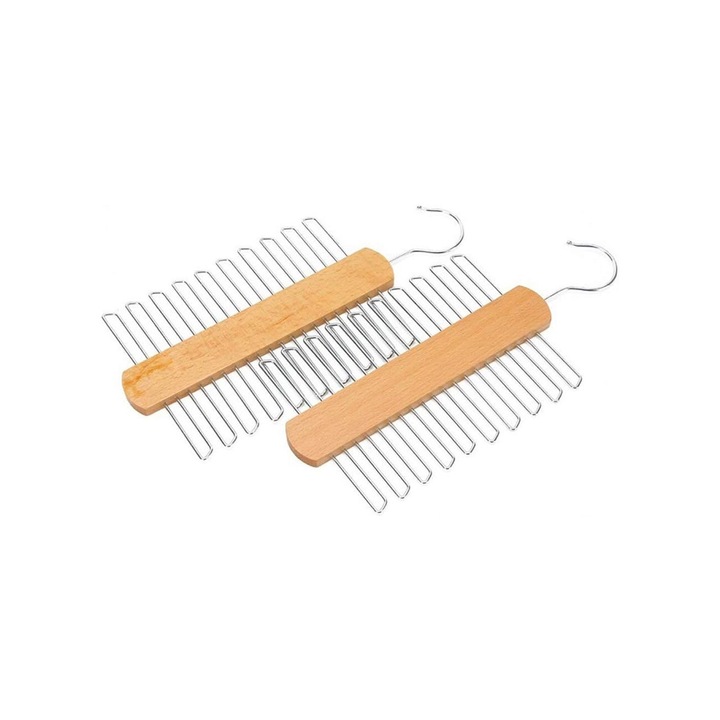 Set de 2 Umerase din Lemn cu 20 de Carlige Rotative pentru Esarfe si Cravate, 30x16.5cm, Maro