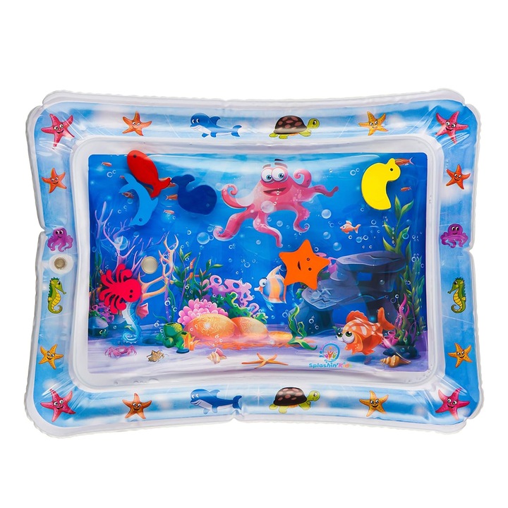 Teno vízi matrac babáknak, játszószőnyeg, felfújható, folyadékkal töltött, érzékszervi fejlesztő játékokkal, tengeri állatokkal, vidám dizájn, kék