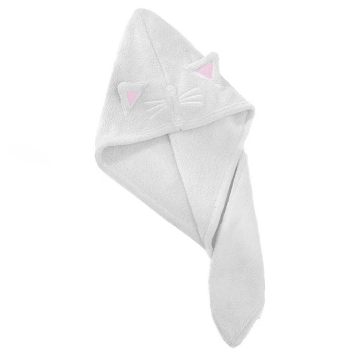 SIKS Хавлиена кърпа за деца, тип тюрбан, изработена от микрофибър, за сушене на косата, снабдена с копче за по-добра фиксация, модел коте, 62 x 22 см, бяла