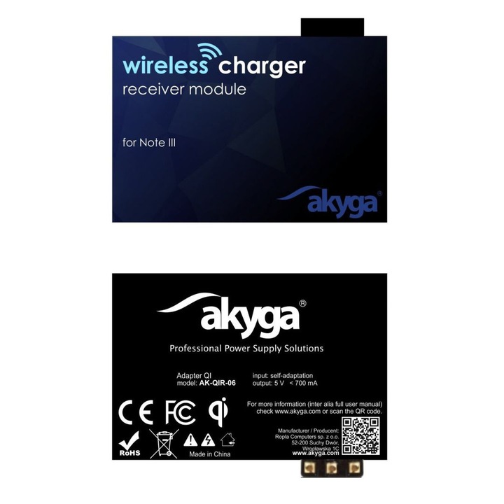 Incarcator telefon Akyga AK-QIR-06, Pentru Samsung Note 3, wireless, negru, 5V 0.7A