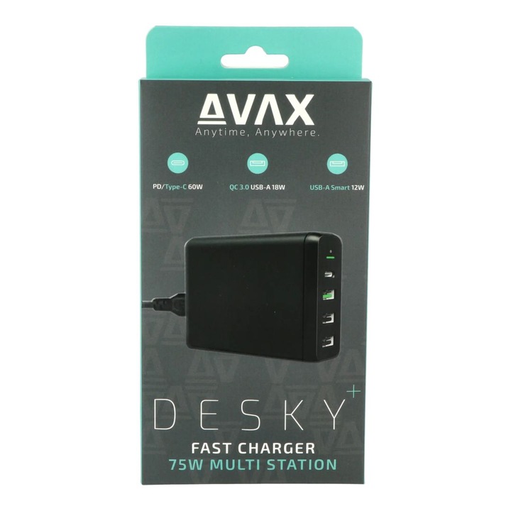 Incarcator AVAX DC611 DESKY+, 75W, 3xUSB-A, 1xUSB-C, negru