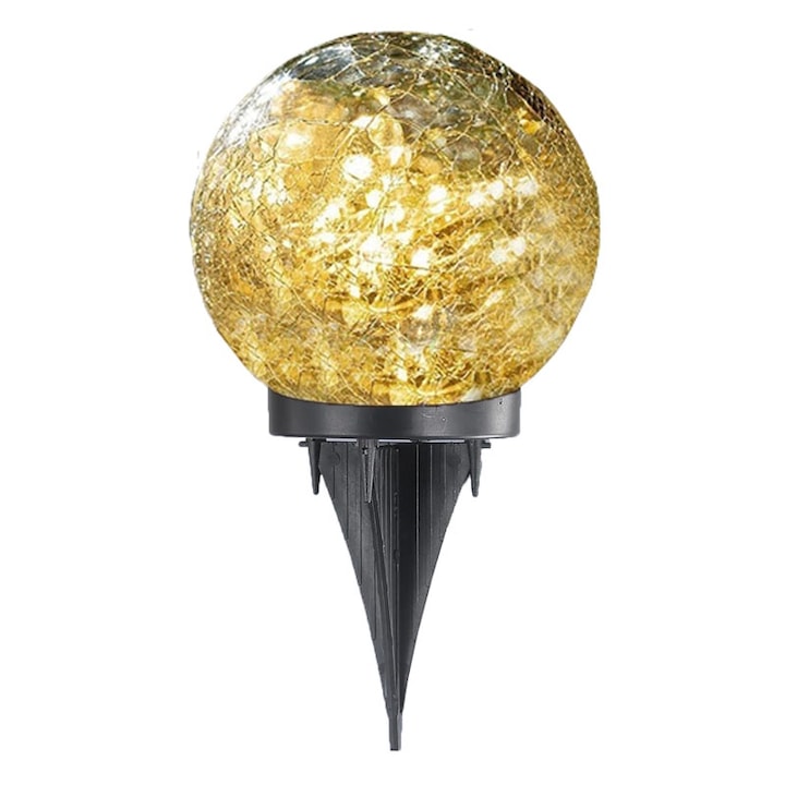 Lampa de exterior din sticla cu incarcare solara si senzor de lumina NEXTLY, pentru gradina/alee/scari, cu tarus/de sine statatoare, decorativa, 30 leduri alb cald, waterproof, rotunda