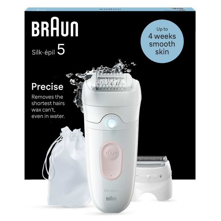 Епилатор Braun Silk-epil 5 5-030 Wet & Dry, MicroGrip, Smart Light, 28 пинсети, 2 скорости, Глава за бръснене + гребен, Чанта за пътуване, Бял/Flamingo
