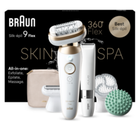 Epilator Braun Silk-épil 9 9-481 Flex 360° SkinSpa, Wet & Dry, Smart Touch, 40 de pensete, 2 viteze, Trimmer, Cap de ras + Pieptene, Cap de masaj, Cap pentru exfoliere, Geanta de voiaj, Alb/Auriu