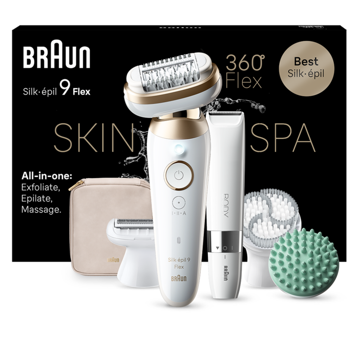Епилатор Braun Silk-epil 9 9-481 Flex 360° SkinSpa, Wet & Dry, Smart Touch, 40 пинсети, 2 скорости, Тример, Бръснеща глава + Гребен, Масажираща глава, Ексфолираща глава, Пътна чанта, Бял/Златист