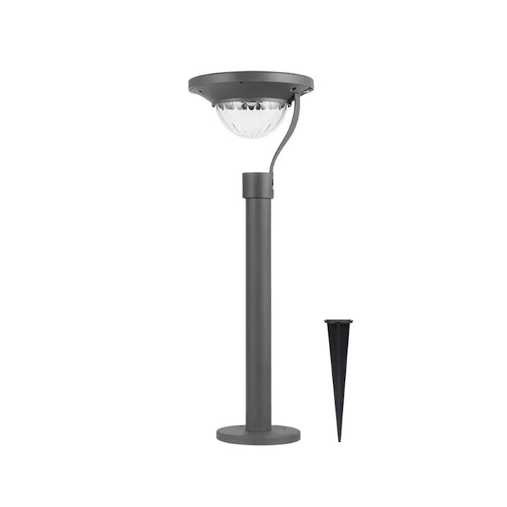 Lampa decorativa cu incarcare solara de exterior tip felinar, NEXTLY, include tarus si talpa de fixare, lumina alba calda, pentru decorarea si iluminarea ambientala a aleilor, gradinilor, curtilor, reflexie in forma de soare, aluminiu+abs, gri metalizat