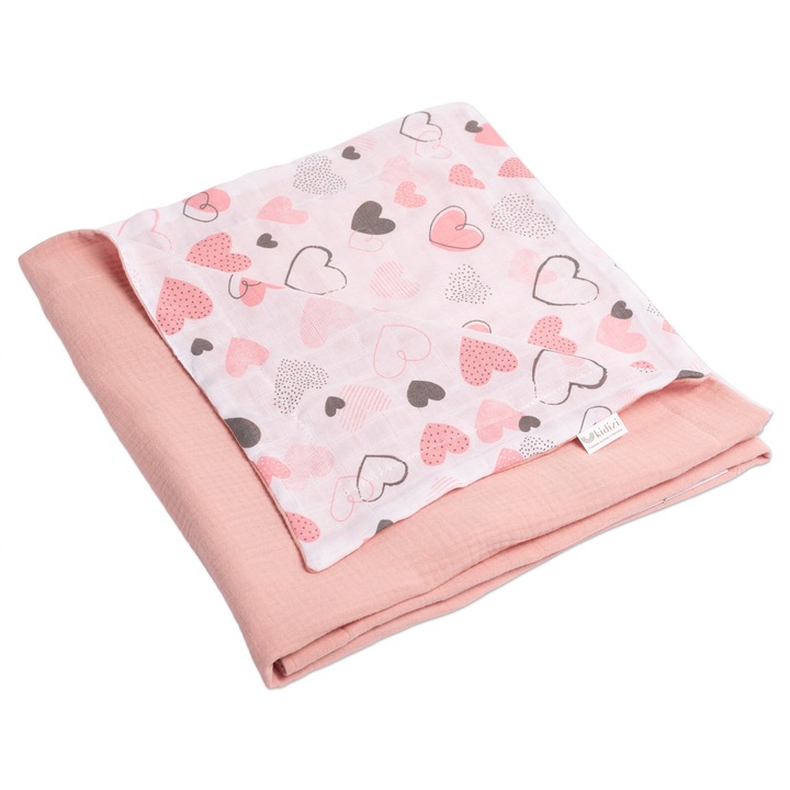 Dupla muszlin nyári takaró, 110x75 cm, Kidizi, rószaszín, szív mintás, 100% pamut
