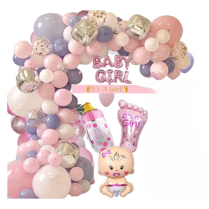 109 lufiból álló ív Baby Shower, Baby Girl/It's a Girl alufólia lufik, It's a girl szalag, Összeszerelő kiegészítők, Rózsaszín