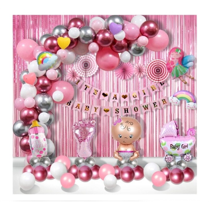 150 lufiból álló dekoratív ív, Baby Shower/It's a Girl témájú, 10 alufólia figurák, 130 latex lufi, 3 It's a Girl/Baby Shower dekoratív banner, 3 dekoratív függöny, Összeszerelő készlet, Rózsaszín