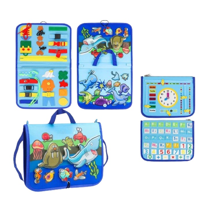 Carte Montessori din fetru, senzoriala, cu activitati, 6 pagini detasabile cu activitati, vietati marine detasabile, culori, litere, numere, operatii matematice, siretuit, 28 x 30 cm, 3 ani+, EduJucar