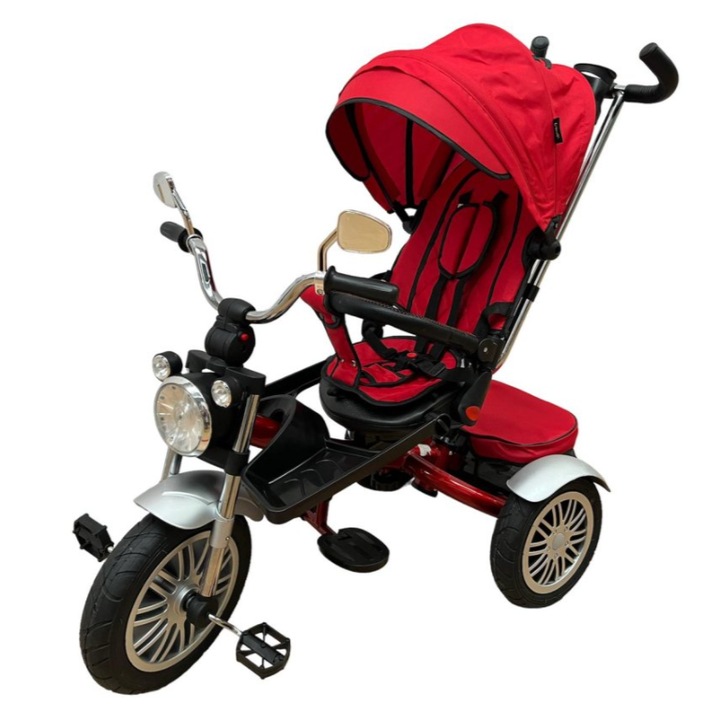 Tricicleta copii Wonderbb cu pozitie de somn, scaun reversibil, 6-36 luni, cauciuc gonflabil, far, oglinzi, culoare rosie
