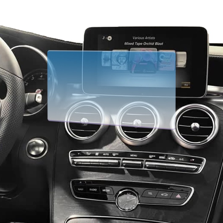 Защитно фолио за автомобилна навигация Optim Solution, За Mercedes-Benz C Class 2018 (Facelift), Регенерируем хидрогел, Пълна защита, Гъвкав хидрокристал, Технология Premium Optim Core, Против надраскване, Прозрачно