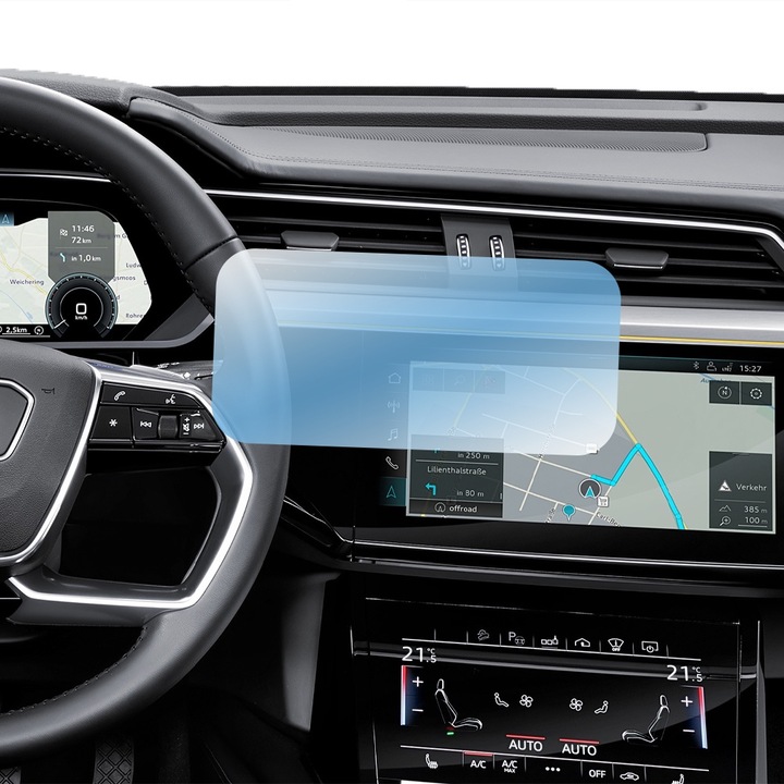 Регенерируемо хидрогелно защитно фолио за автомобилна навигация за Audi Q8 E-Tron, ОПТИМАЛНО РЕШЕНИЕ, пълна защита, гъвкав хидрокристал, безупречен външен вид, технология Premium Optim Core, против надраскване, усъвършенствана чувствителност, прозрачност