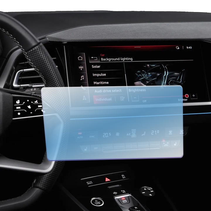 Регенерируемо хидрогелно защитно фолио за автомобилна навигация за Audi Q4 E-Tron, ОПТИМАЛНО РЕШЕНИЕ, пълна защита, гъвкав хидрокристал, безупречен външен вид, технология Premium Optim Core, против надраскване, усъвършенствана чувствителност, прозрачност