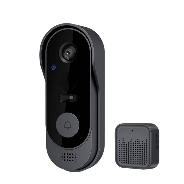 Intelligens video csengő, Tuya kompatibilis, intelligens videó kaputelefon, IP65 Waterpoof, távfelügyelet, WiFi, akkumulátorral, lefedettség 50 m, felvétel és képrögzítés, kétirányú kommunikáció, belső ajtócsengő, 125°, éjjellátó, fekete