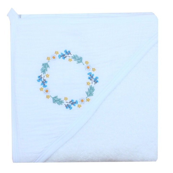 Prosop cu gluga, bumbac si muselina, floricele albastre, alb, 80 x 100 cm