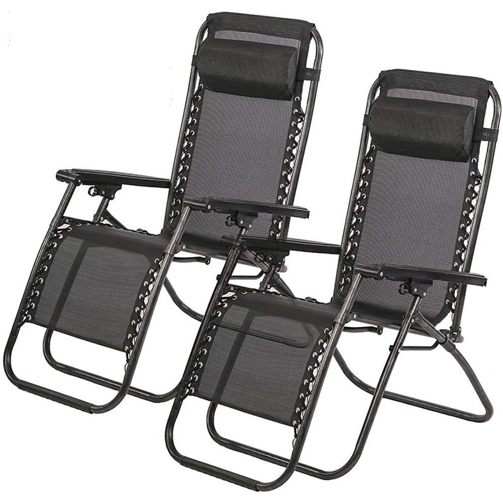 Комплект от 2 сгъваеми градински стола DASBO, тип сгъваем фотьойл, регулируем, включена възглавница за глава, за тераса, къмпинг, плаж, басейн, черен