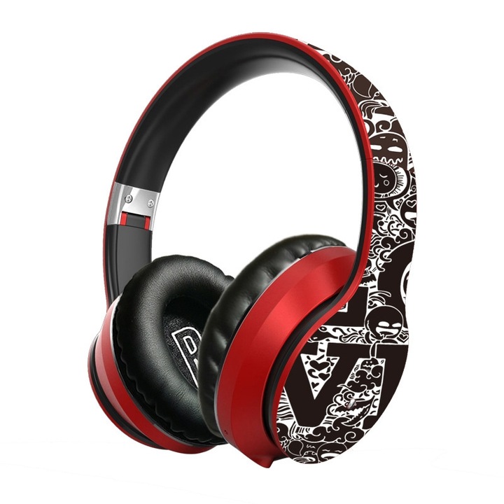 Casti wireless Over-Ear, Model B1 cu Model Graffiti, Bluetooth V5.0, Design Confortabil, Sunet de Inalta Calitate, Rosu